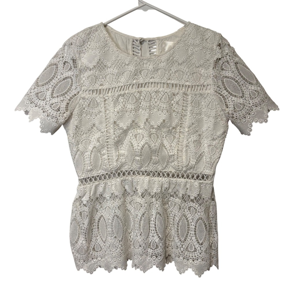 J.O.A. Lace Peplum Top Women M White Floral Ladder Back Fairy Whimsy Coquette